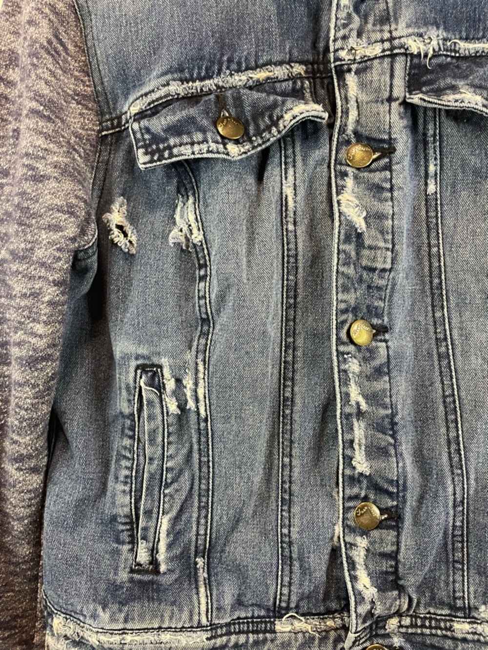 Free People Blue Denim Jacket with Heathered Gray Knit Sleeves - Picture 4 of 12